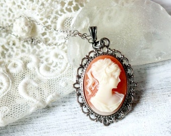 Victorian Lady Cameo Necklace in Silver Setting, Carnelian Cameo Pendant, Cameo Jewelry