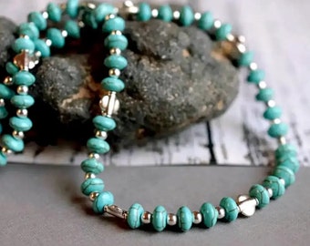 Bohemian Turquoise Necklace, Silver Beaded Green Stone Necklace, Gemstone Jewelry, Necklace for Men or Women