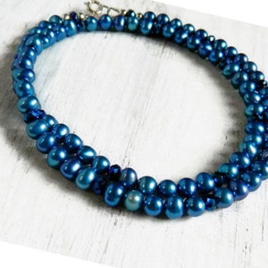Blue Pearl Necklace Natural Freshwater Pearl Necklace Sterling Silver Beaded Pearl Jewelry Set Matching Blue Pearl Earrings Anniversary Gift