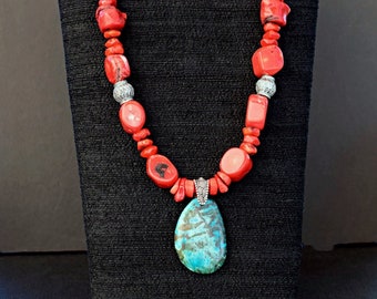 Big Red Coral Necklace with Turquoise Pendant, Rustic Bohemian Coral Stone Necklace, Bold Statement Necklace, Unique Handmade Coral Jewelry