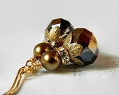 Glitz Glam Brown Earrings, Metallic Bronze Crystal Earrings, Swarovski Pearl Drop Antique Gold Brass