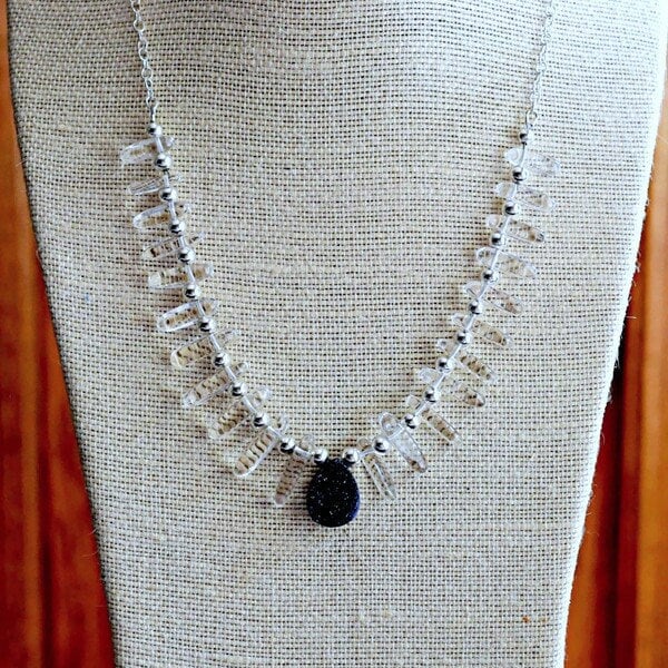 Crystal Point Necklace, Clear & Black, Tiny Druzy Necklace, Long Pendant, Silver Chain, Raw Gemstone Jewelry, Gifts for Her