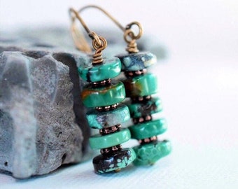 Southwestern Boho Turquoise Earrings, Unique Stacked Stone Heshi Disc & Copper Spacers, Green Gemstone Jewelry