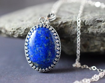 Lapis Lazuli Pendant Necklace, Indigo Navy Blue Cabochon Pendant on Sterling Silver Chain, Mothers Day Gift