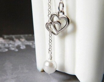 Sterling Silver Heart Lariat Coin Pearl Necklace NBJ357