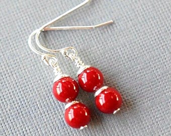 Dainty Red Coral Earrings, Stacked Sterling Silver Dangles Gift