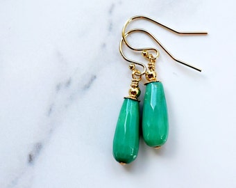 Chrysoprase Green Teardrop Earrings - 14k Gold Filled Drops -Turquoise Dangle Earrings - Stone Jewelry