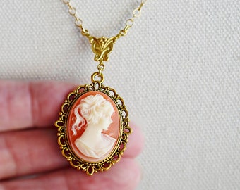 Gold Carnelian Cameo Pendant Necklace on Chain, Gold Cameo Necklace, Cameo Jewelry - Birthday Gift for Her, Cameo Jewelry