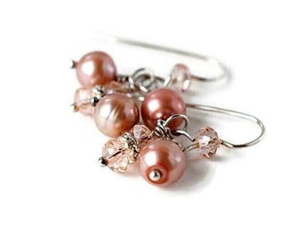 Pink Crystal Freshwater Pearl Earrings, Bridal Cluster Dangles