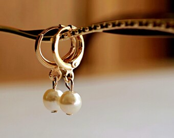 Pearl Huggies Hoop Gold Earrings - Bridal Pearl Hoops Victorian Cream White Drops Personalized Gift