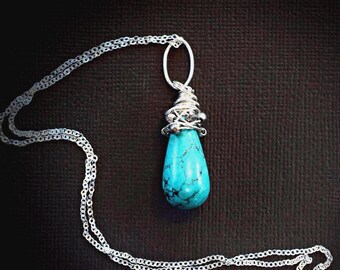 Turquoise Teardrop Pendant Necklace: Sterling Silver Hand Wire Wrapped Pyrite Stones