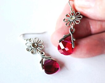 Ruby Puffed Briolette Crystal Dangle Earrings Daisy Flower Charm Drops Sterling Silver