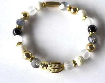 Crystal Gold Stretch Bracelet, White, Clear & Black Beads Statement Jewelry