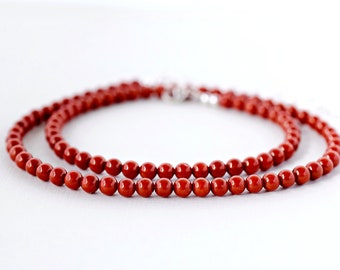 Choker Red Coral Necklace - Sterling Silver & Small Beaded Oxblood Coral Choker Natural Coral Jewelry, Gifts for Her