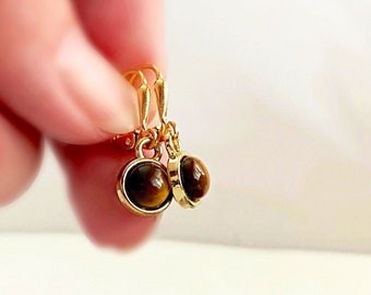 Tiny Tiger’s Eye Earrings, Gold & Brown Stone Earrings, Small Gold Drop Earrings,  Tiger’s Eye Pendant, Handmade Gemstone Jewelry Set