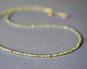 Dainty Peridot Necklace, 14K Gold Filled, Small Bead Peridot Choker Personalized Gifts, Gemstone Jewelry Peridot Gold Beaded Mother’s Gift
