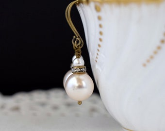 Cream Rose Pearl Earrings, Blush Pink Pearl Dangles, Antique Gold Brass, Pearl Jewelry
