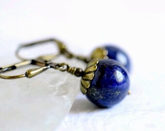 Lapis Lazuli Earrings, Antique Brass Dangles, September Birthstone Gift