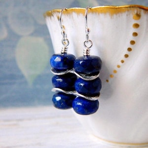 Stacked Lapis Earrings, Sterling Silver Disc & Lapis Lazuli Drops, Cairn Blue Stone Lapis Jewelry
