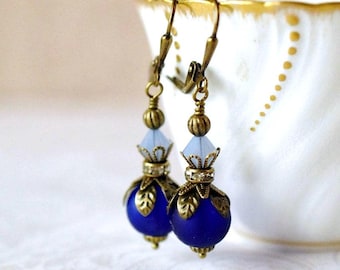 Vintage Style Navy Blue Sea Glass Earrings, Antique Gold Brass, Boho Swarovski Crystal Dangles