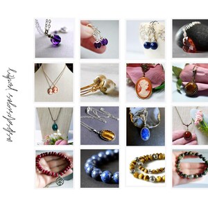 May include: A collection of jewelry featuring various necklaces, earrings, and bracelets with gemstones like amethyst, tiger's eye, lapis lazuli, and pearls, alongside cameo pendants and beaded bracelets, all displayed in a grid with the text "wbsdesigns jewelry".