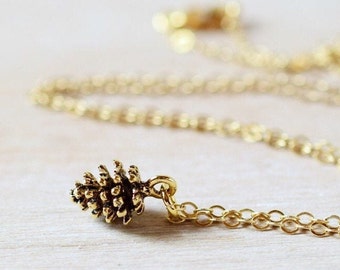 Tiny Gold Pinecone Necklace, Little Gold Charm Necklace, Rustic Bohemian Pinecone Pendant, Pinecone Jewelry, Gift for Her