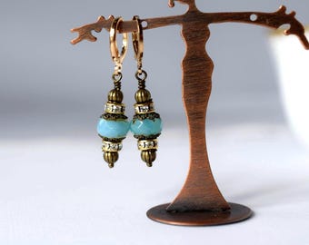 Teal Blue Czech Crystal Earrings: Antique Gold Brass Boho Dangles