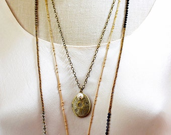 Flower Gold Locket Necklace on Antique Gold Chain