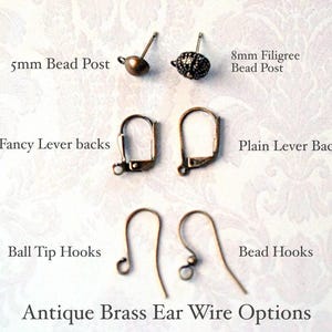 May include: Antique brass ear wire options for jewelry making.  Includes 5mm and 8mm bead posts, fancy and plain lever backs, ball tip hooks, and bead hooks.