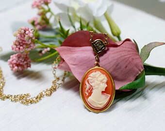 Gold Cameo Necklace,  Vintage Style Carnelian Cameo Necklace, Cameo Gold Pendant, Gold Chain