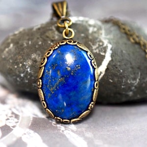 Lapis Lazuli Necklace Vintage Style Dark Blue Stone Pendant Necklace Antique Gold Chain Personalized Gift for Her