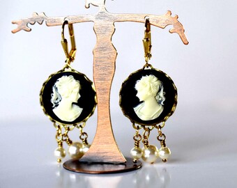 Gold Black Cameo Earrings Triple Pearls Bottom Dangles Vintage Style Jewelry