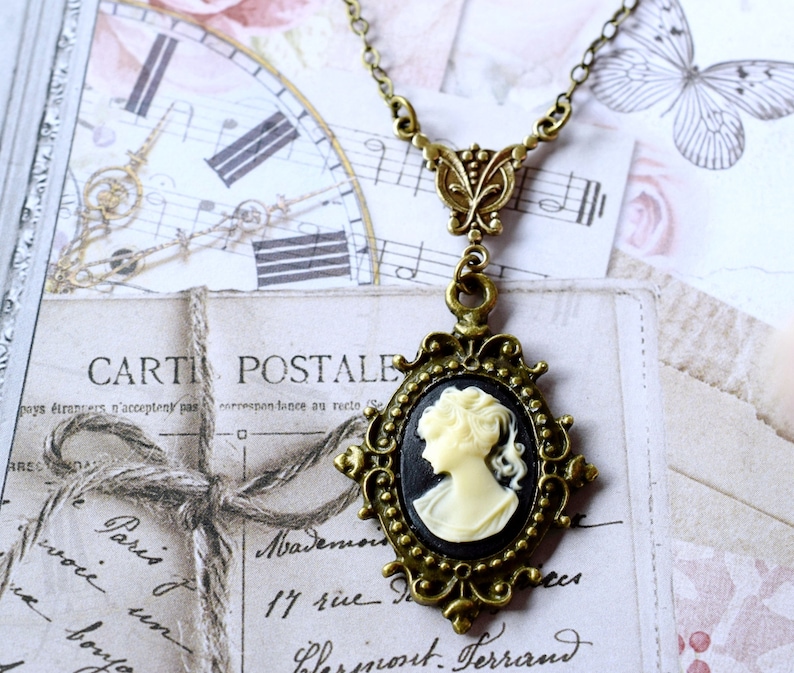 Dainty Woman Cameo Necklace, Victorian Lady Cameo Pendant, Choker, Antique Gold Brass Hypoallergenic Chain, Black Cameo Jewelry image 1