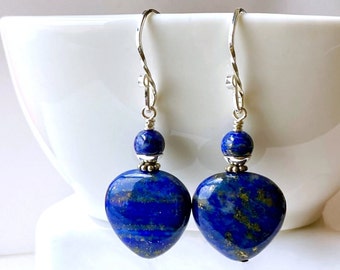 Blue Lapis Teardrop Stone Earrings, Lapis Lazuli Earrings, Navy Gemstone Dangles, Sterling Silver Hooks, Indigo Blue Drops, Lapis Jewelry