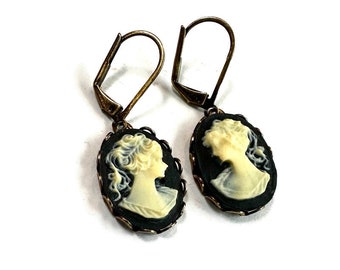 Neo Victorian Lady Cameo Earrings, Dainty Cameo Drop Earrings, Antique Gold Bezels, Hypoallergenic Lever Backs, MsBsDesigns Cameo Jewelry