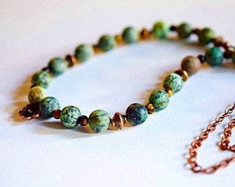 Matte African Turquoise Necklace with Tiger's Eye & Copper, Jewelry Set