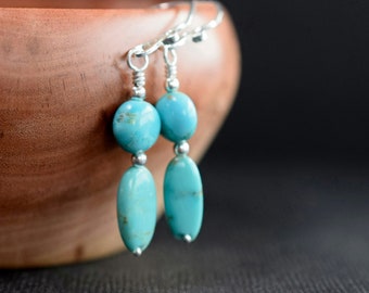 Kingman Turquoise Earrings, Turquoise Dangle Earrings, Green Stone Drops, Turquoise Gemstones, Wire Wrap Sterling Silver, Turquoise Jewelry