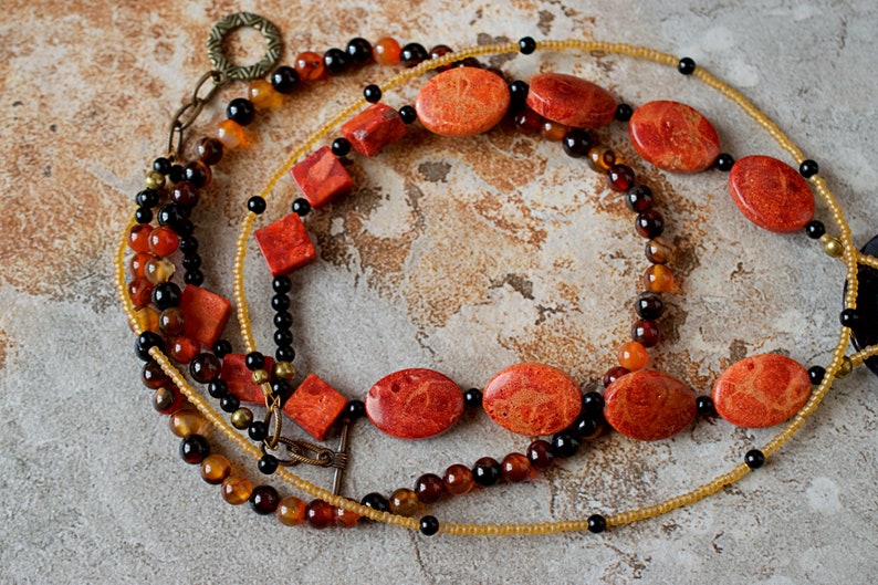 Bohemian Coral Necklace, Big Impact Statement Necklace, Coral Gemstone Necklace, Beaded Necklace for Women, Chunky Collar Necklace image 5