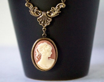 Victorian Carnelian Lady Cameo Necklace Antique Gold Chain, Rococo Style Cameo Pendant, Handmade Personalized Jewelry