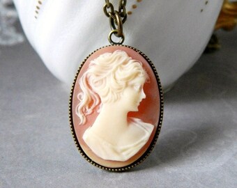 Carnelian Woman Cameo Pendant Necklace Antique Gold Brass Chain - Best Gifts For Her