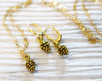 Gold Charm Jewelry Set - Gold Pinecone Necklace & Matching Gold Earrings - Personalized Gifts for Her