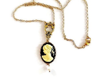 Pearl & Cameo Necklace, Ivory, Black, Gold Cameo Pearl Choker, Victorian Cameo Jewelry, Birthday Gift for Her