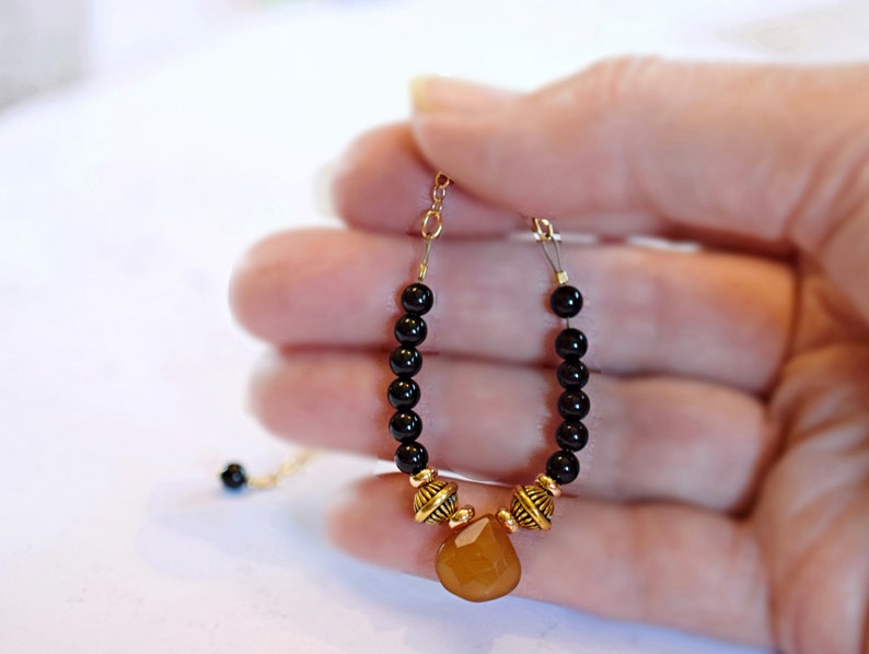 Black Onyx Bar Necklace /& Amber Chalcedony Teardrop on Gold Chain Minimal Choker Mothers Day Gift Everyday Necklace