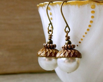 White Acorn Earrings - Acorn Pearl Dangles - Rustic Boho Wedding Jewelry Birthday Gift