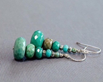 Kingman Turquoise & Chrysoprase Earrings - Sterling Silver - Turquoise Earrings - Stacked Green Dangle Earrings - Green Stone Drops