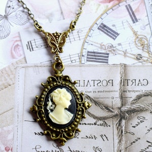 Dainty Woman Cameo Necklace, Victorian Lady Cameo Pendant, Choker, Antique Gold Brass Hypoallergenic Chain, Black Cameo Jewelry image 2