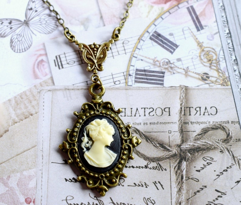 Dainty Woman Cameo Necklace, Victorian Lady Cameo Pendant, Choker, Antique Gold Brass Hypoallergenic Chain, Black Cameo Jewelry image 2