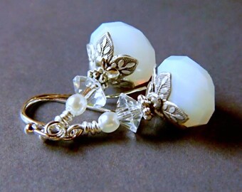 White Opal Earrings, Boho Bridal Milky Alabaster Glass Dangles, Vintage Style Antique Silver Leaf & Crystal Drop Earrings, Victorian Jewelry