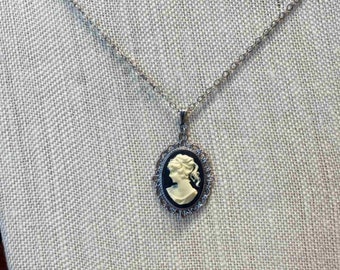 Right Facing Cameo Necklace on Antique Silver or Bright Gold Chain, Handmade Jewelry