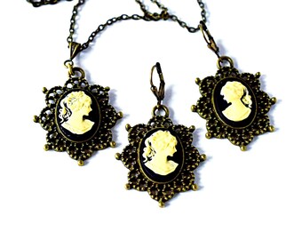 Edwardian Cameo Necklace Set, Ivory Black Victorian Lady Earrings, Gold Brass Filigree Jewelry Set